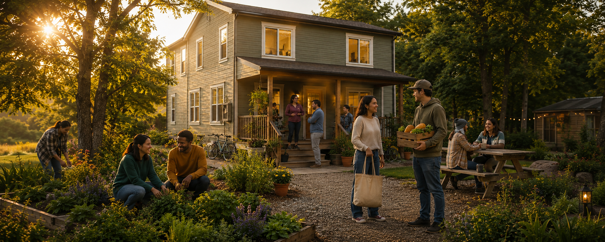 A shared housing co-op home with neighbors in a garden at sunset