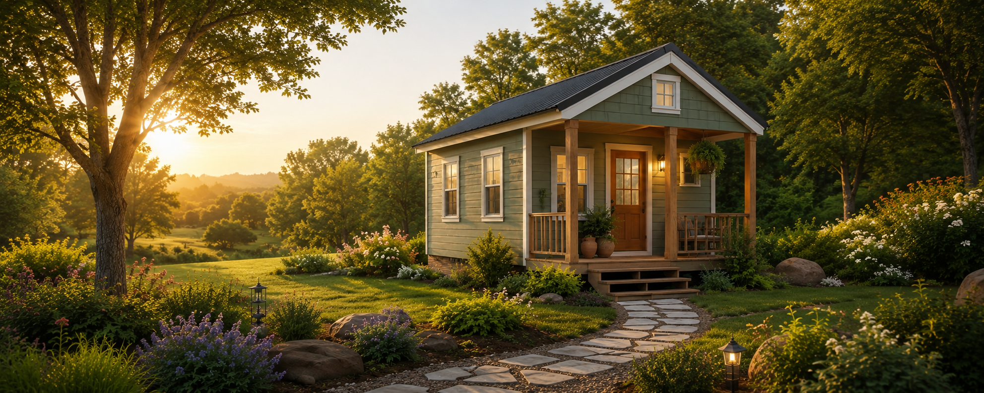 A cozy tiny cottage in a sunlit garden