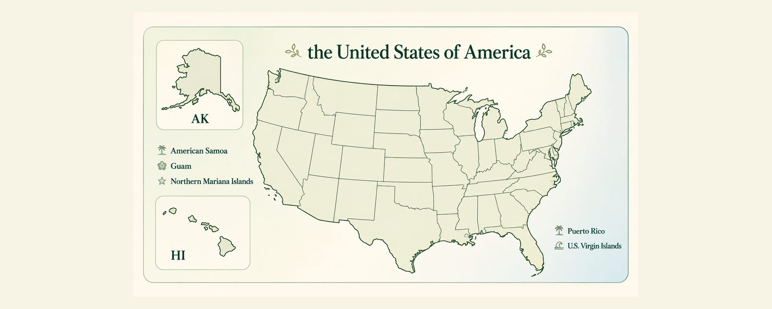 Map of the United States with Alaska, Hawaii, and U.S. territories labeled for future Tiny House News listings.
